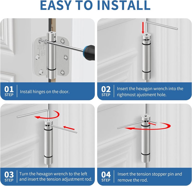 IOQ 3.5 Inch Self Closing Door Hinges, 5/8" Radius Corners Spring Loaded Hinges for Interior Door, Bedroom, Pantry Door, UL Listed, for Left and Right Hand Door, Brushed Nickel, 1 Pack - Image 5